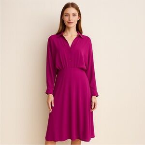 Express Midi Shirt Dress Draped Collared Long Sleeve Fuchsia Pink Size Small